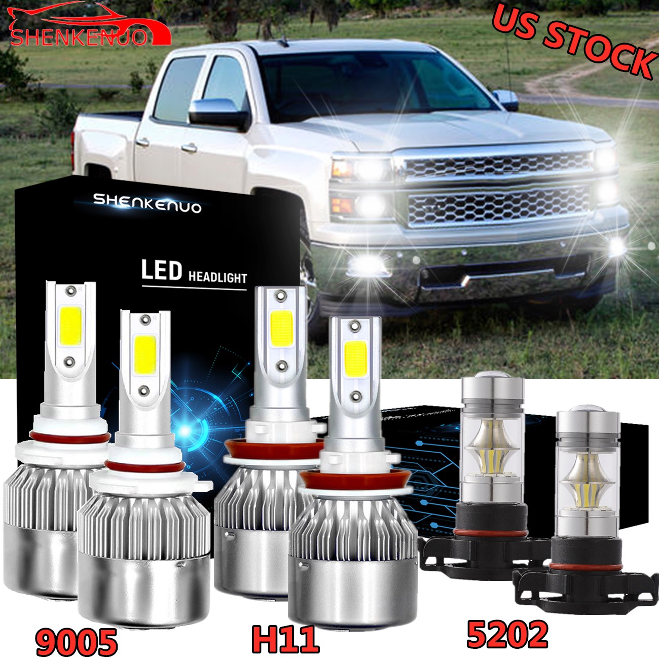 LASFIT H11 9005 LED Headlight Bulbs for GMC Sierra 1500 2007-2013 High Low Beam