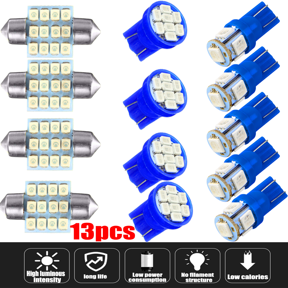 13pc SHENKENUO 2835 Blue LED Car Interior Light Kit - Dome Reading License Plate - 12V T10 & 31mm