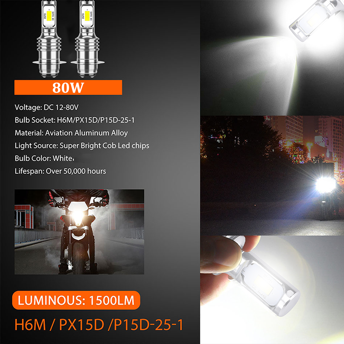 White 2 H6M LED ATV Headlight Bulb Super Bright For Honda Suzuki