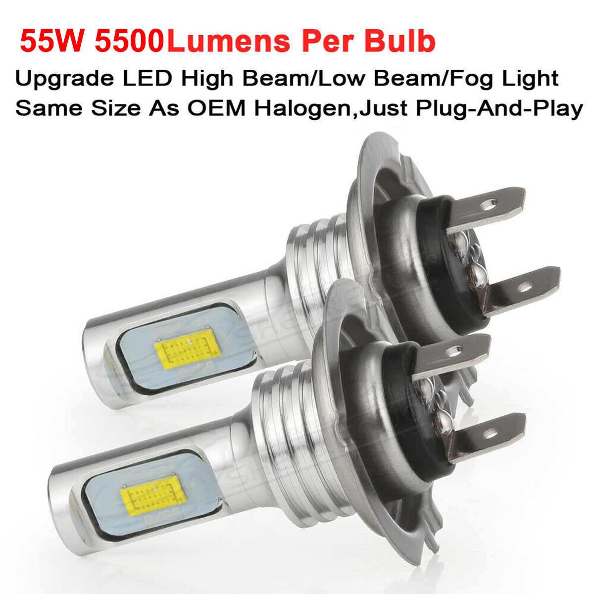 55W 5500LM H7 LED Headlight Bulb High/Low Beam Light 6000K White Replace  halogen