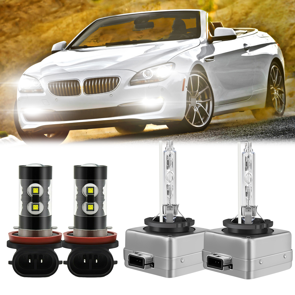 For BMW 650i 2008 2009 2010 HID Headlight Low Beam + LED Fog Light Bulbs D1S+H11