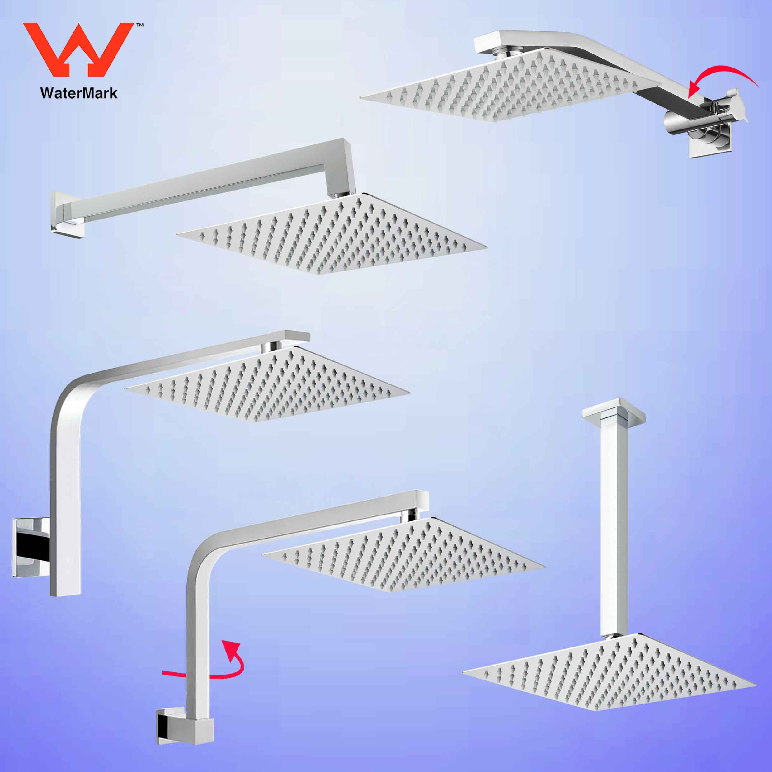 Square Stainless Steel Rain Shower Head Swivel Wall Arm Ceiling Roof