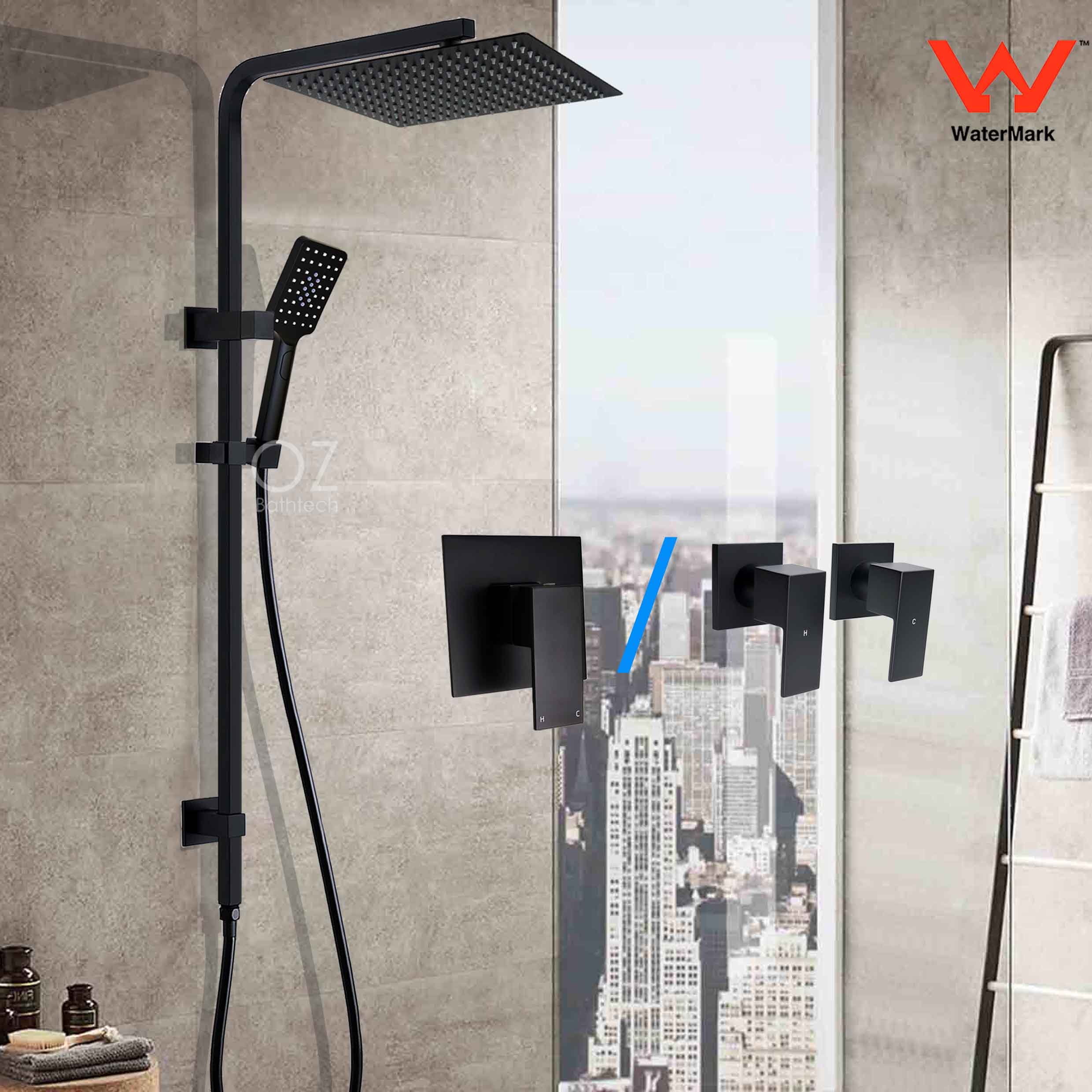 Wels 7.5L//min Twin Shower Head 3 Function Hand Held Rail Wall Arm Black Mixer