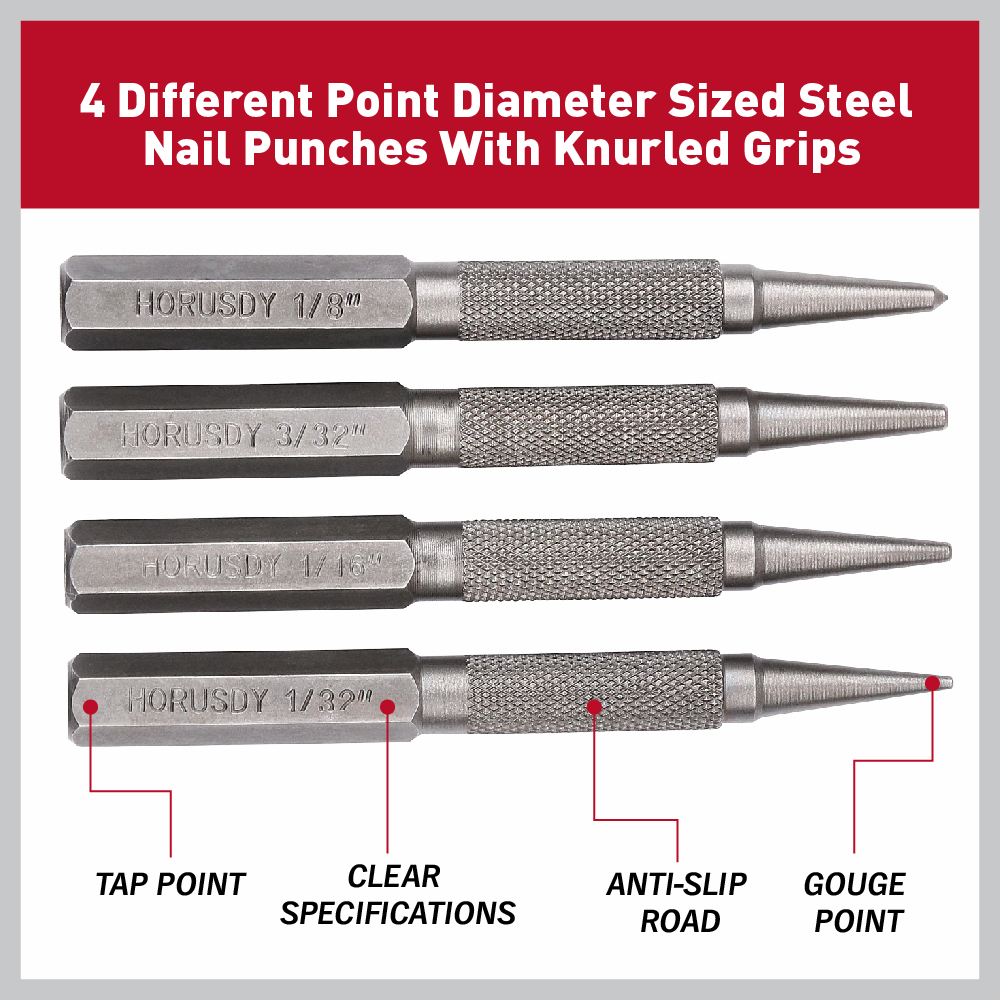 4 Piece Nail Setter & Center Punch Set 4" Wood Metal Super Impact