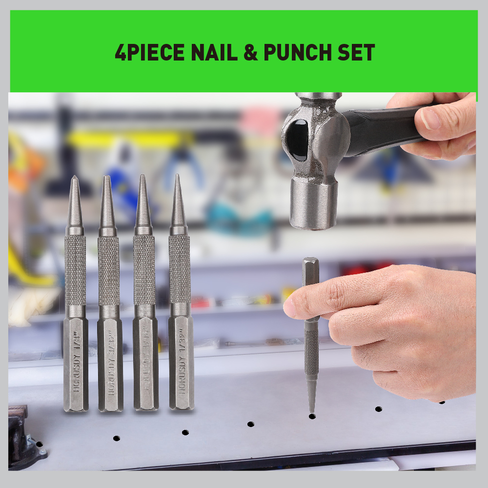 4 Piece Nail Setter & Center Punch Set Finish 4" Length 1/32" 1/16" 3/