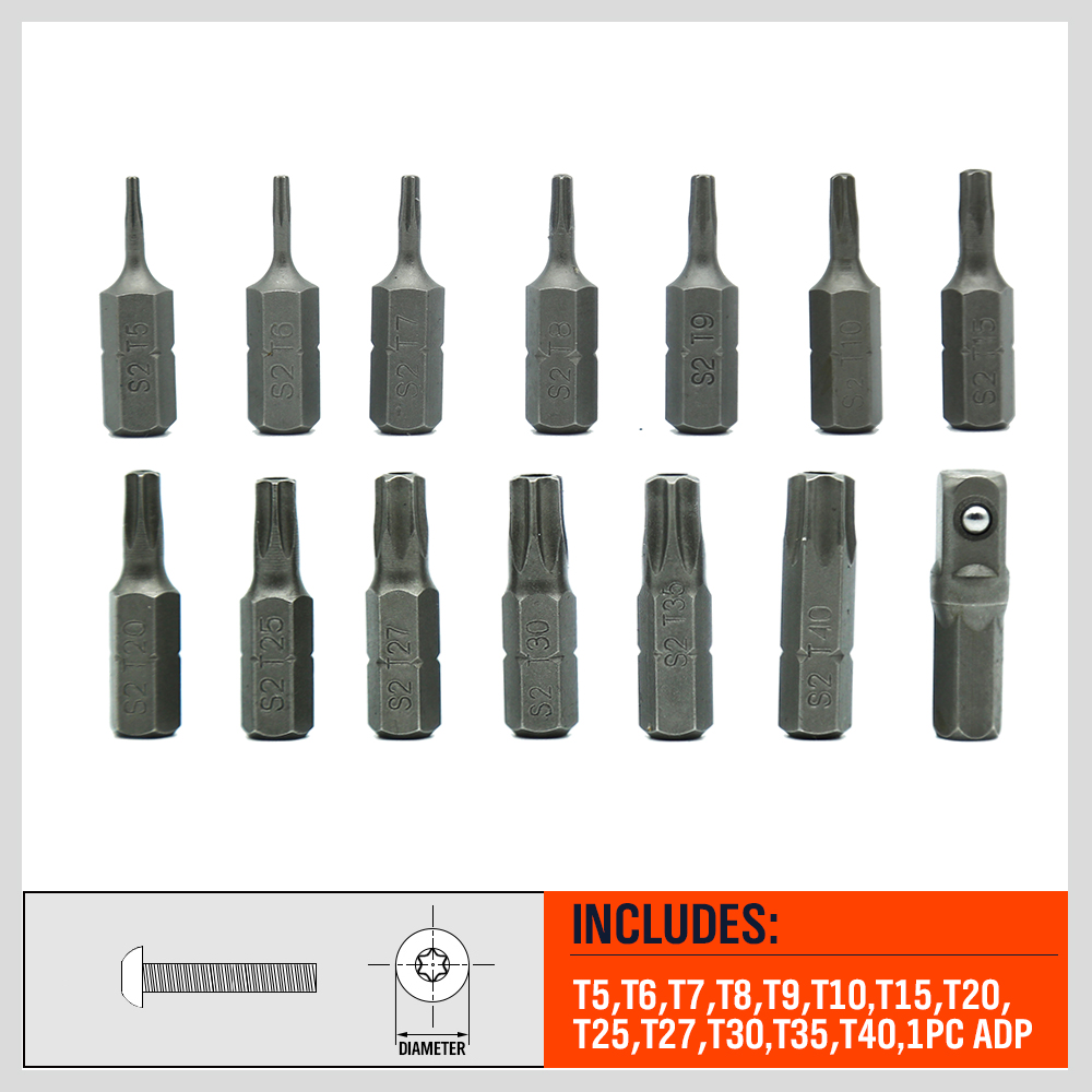 14pc Torx Hex Bit Set Security Tamper Proof Torq Star Resistant S2 Steel T5 T40 Ebay