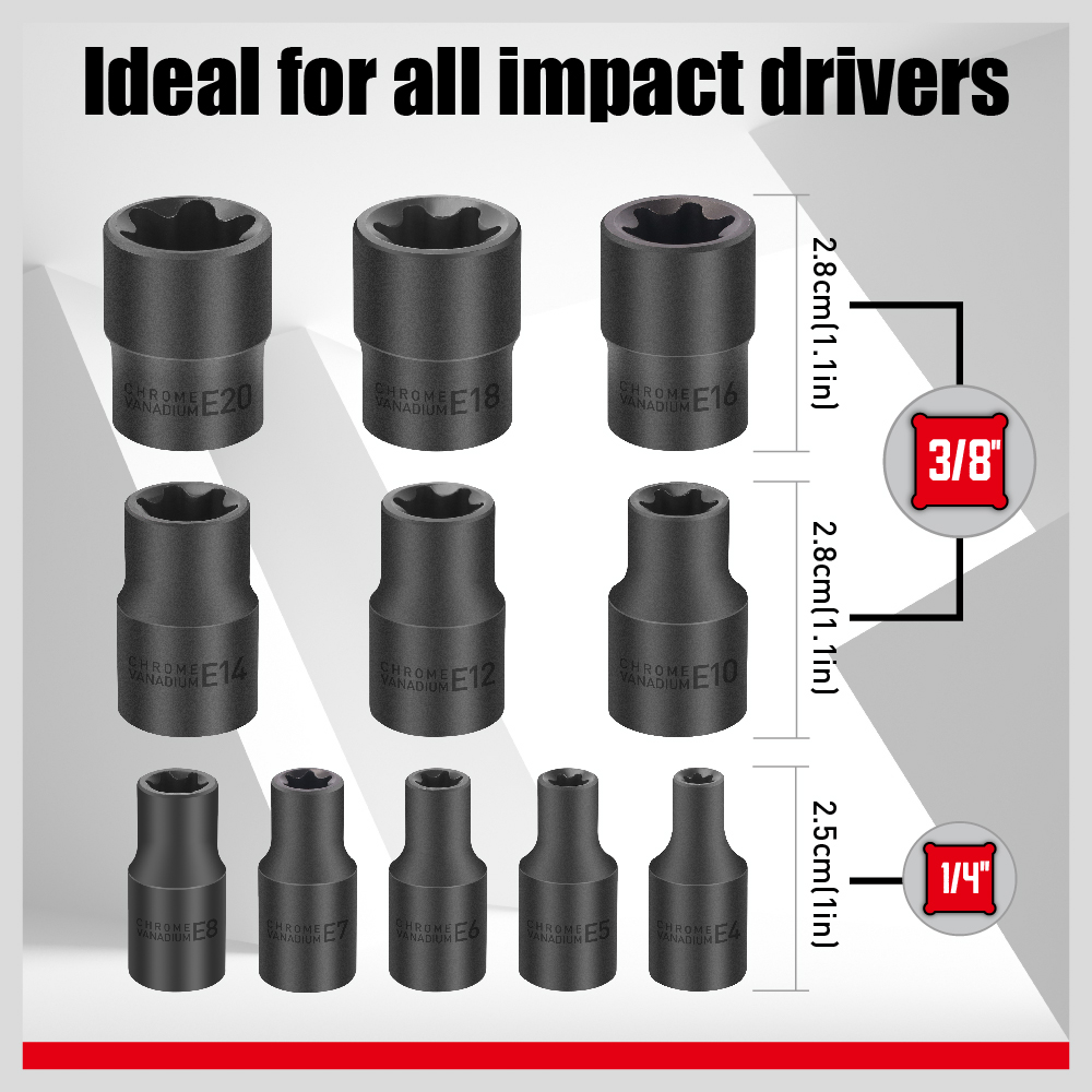 11 pc female e torx star socket set rail e4 e20 driver torque socket