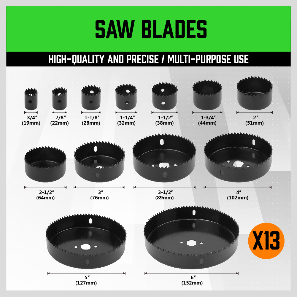 19 Pcs Hole Saw Kit Set 13Pcs Saw Blades 6"(152mm) 3/4" (19mm) Wood