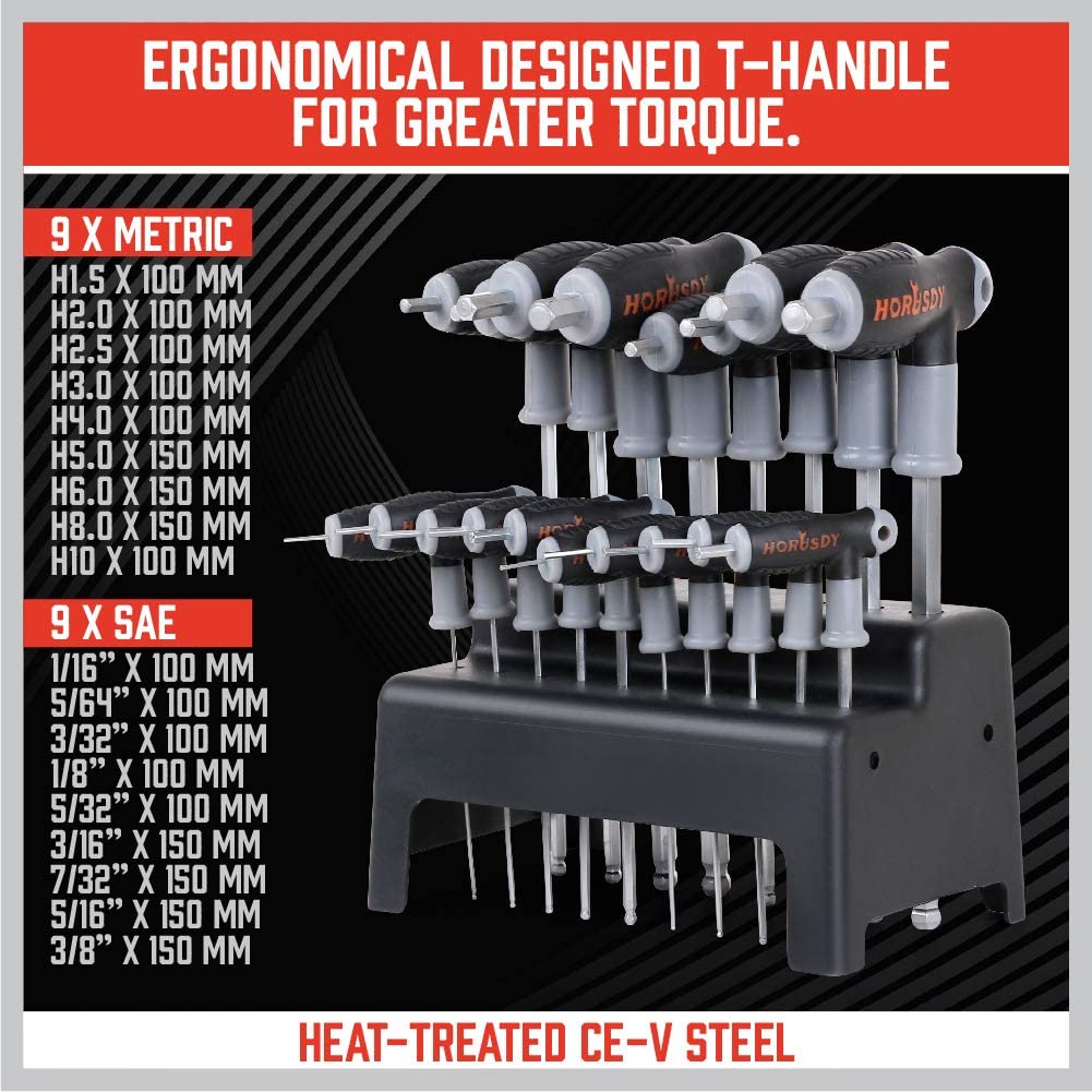 18Pc SAE/Metric T Handle Allen Wrench Ball End Hex Key Set Long w