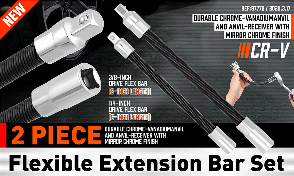 2pc Flexible Socket Extension Bar Shaft Set Drive 1/4" x 6" 3/8" x 8