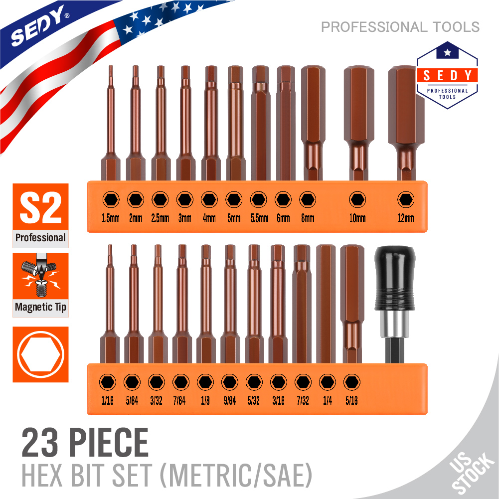 23pc Long Hex Head Allen Wrench Drill Bit Set MM & Inch S2