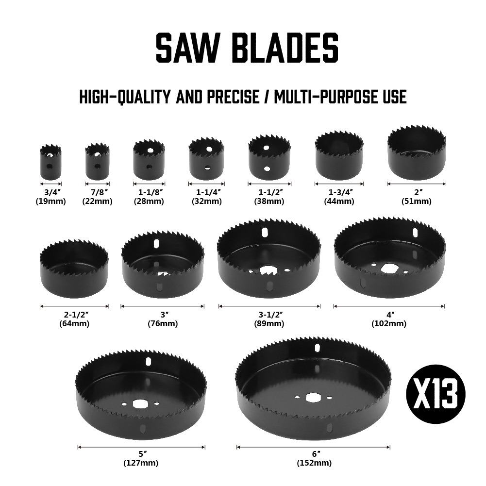 19 Pcs Hole Saw Kit Set 13Pcs Saw Blades 6"(152mm) 3/4" (19mm) Wood