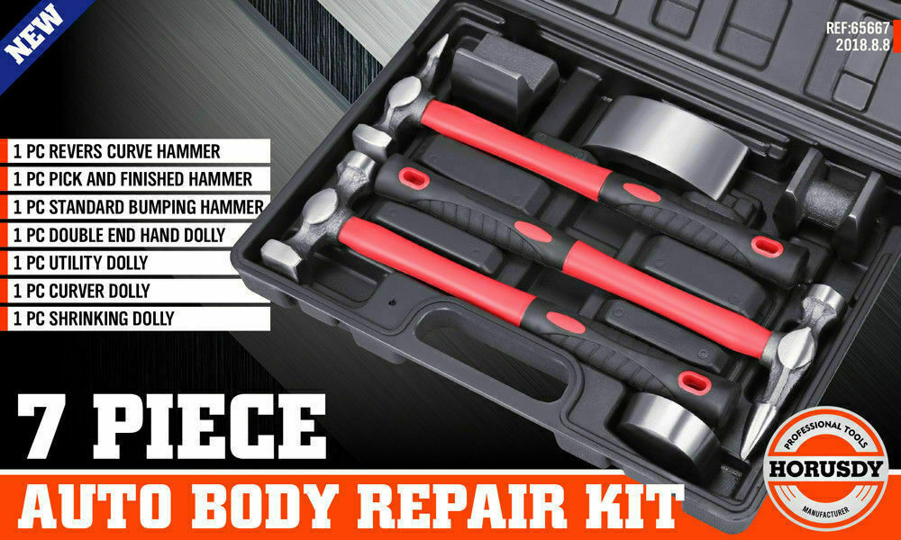 7Pc Car Body Repair Hammer & Dolly Kit Auto Panel Beating Dent Roller