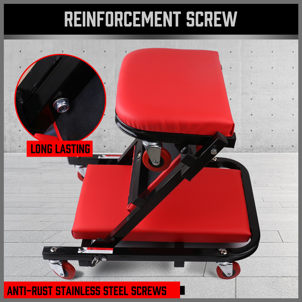 thumbnail interactive-video image 1 of 3 In 1 Foldable Mechanics Creeper Seat - Rolling Garage Work Stool With Padded Headrest - 480lb Capacity 1 of 5