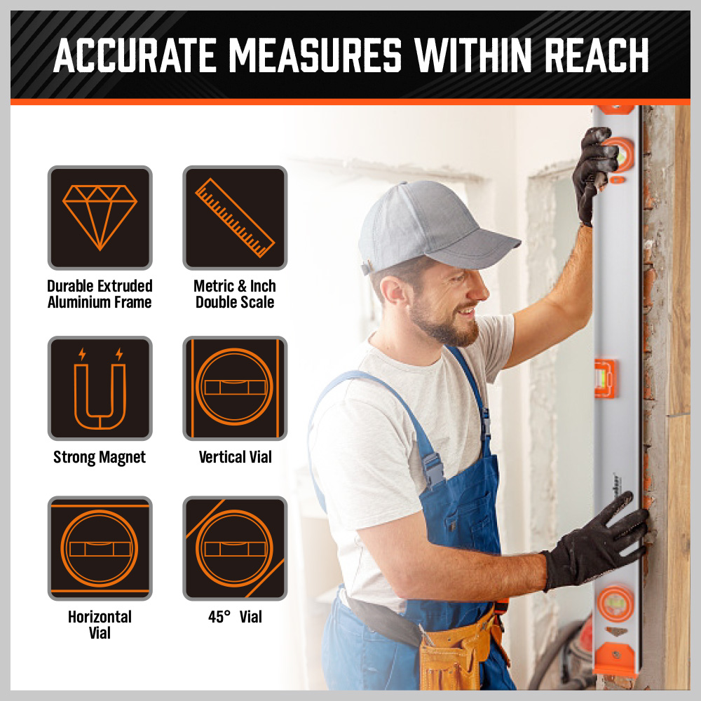 HORUSDY 80CM Torpedo Spirit Level 3 in 1 Magnetic Ruler Stable Measure ...