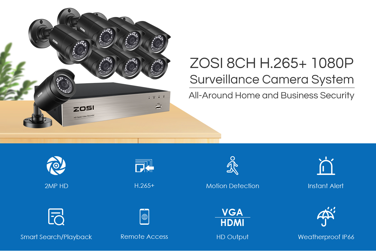 ZOSI 8CH 5MP Lite H.265+ DVR 1080P Home Outdoor CCTV Camera Security