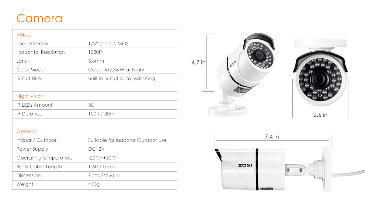 ZOSI CCTV Camera 1080P 4in1 Home Security TVI AHD CVBS CVI 3000TVL 36