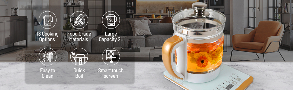 Electric Kettle 2L Capacity Portable GlassTea Kettle Multifunctional  Beverage Tea Kettle with Smart Touch Screen Control Panel Base for 2-4  People