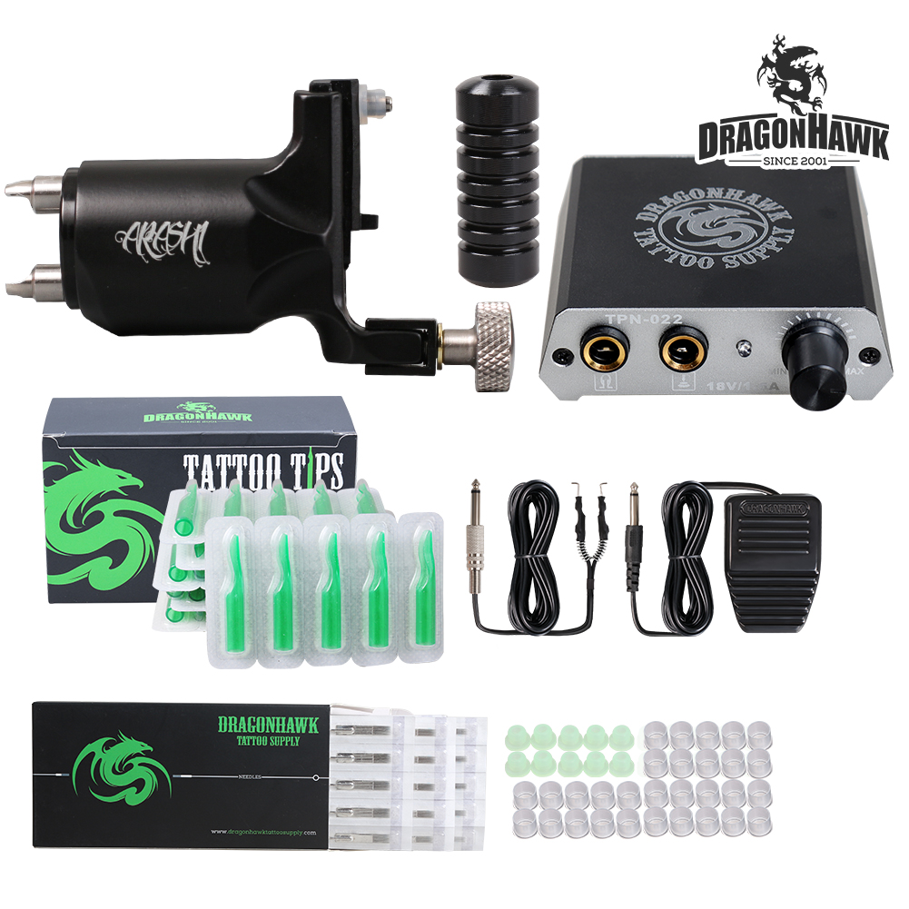 Dragonhawk Tattoo Kit Rotary Machine Power Supply IMMORTAL BLACK Ink
