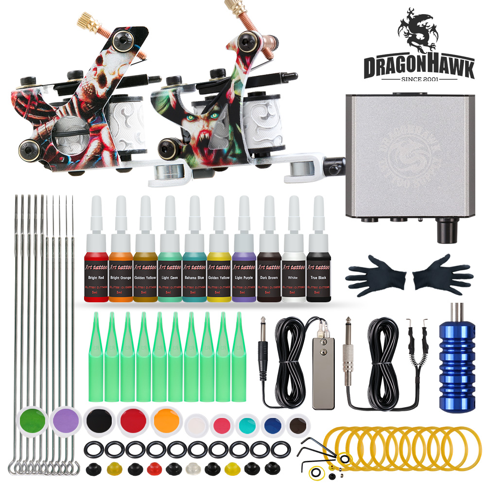 Beginner Tattoo Kit Set 2 Machine Gun Color Ink Power Supply Needle Grip  Tip Box