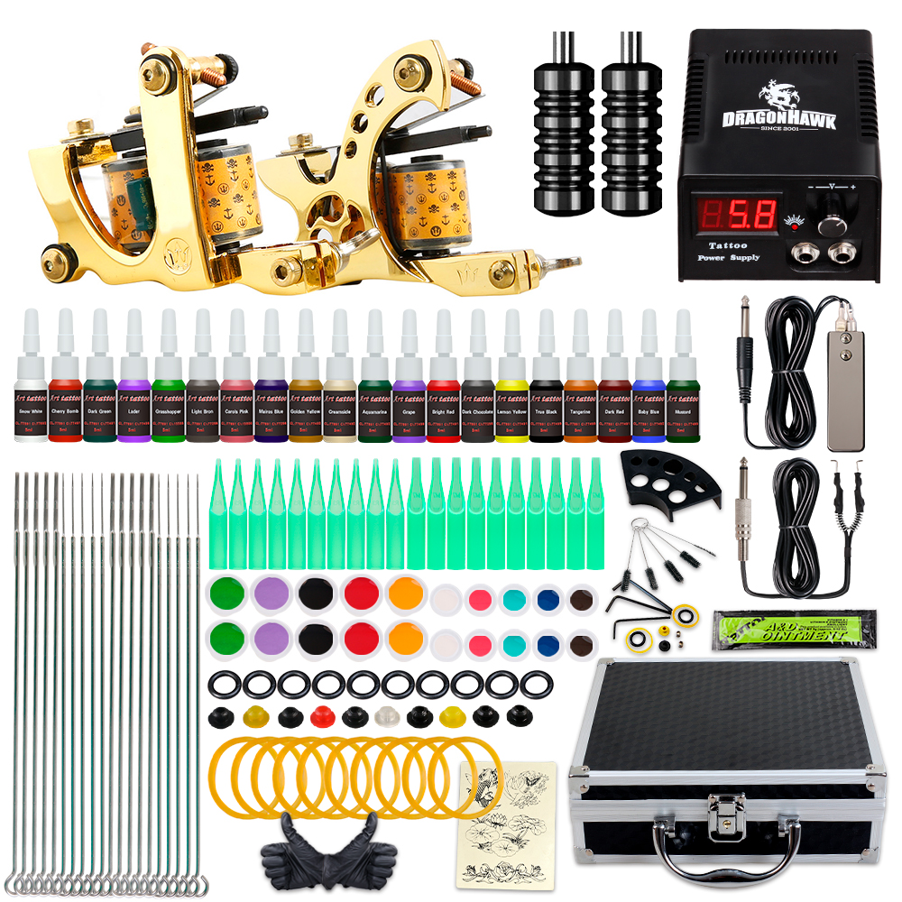 DragonHawk Tattoo Kit 2 Machine Guns Color Inks Tips Power Supply Set