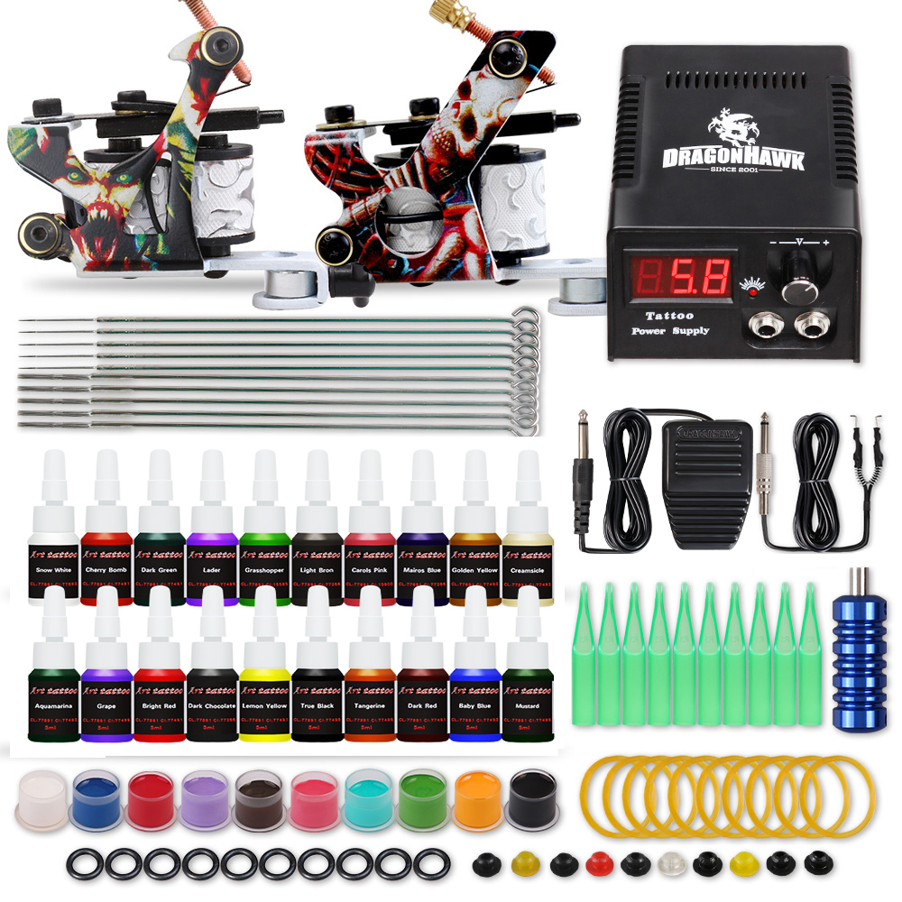 Dragonhawk Tattoo Kit Supplies Equipment Set 20 Color Ink Needles Power