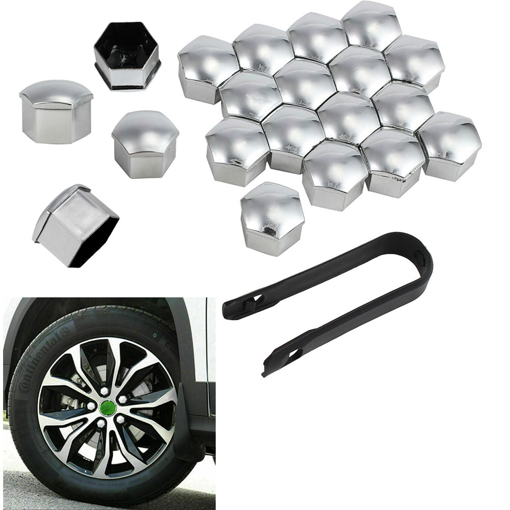 20pc 17mm Chrome Wheel Lug Nut Bolt Cover Caps & Removal Tool for Skoda