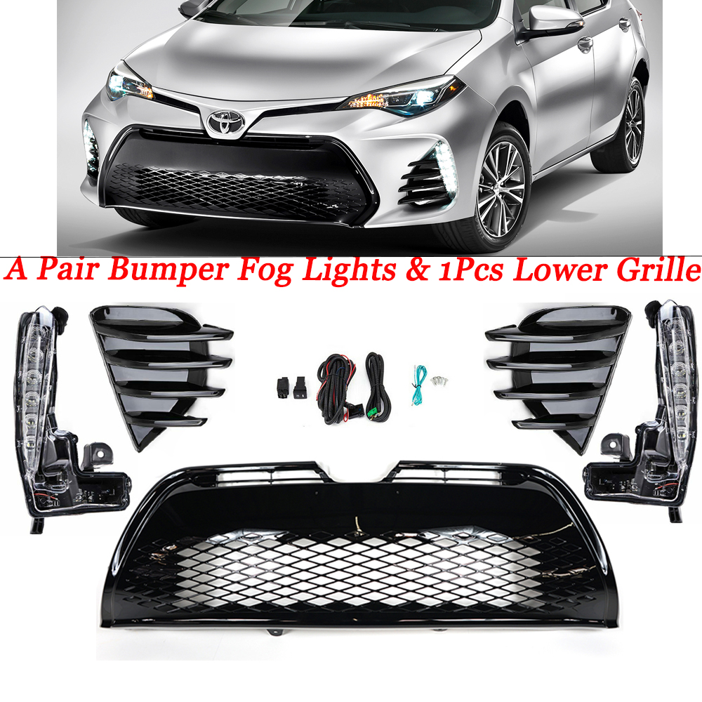 LED DRL Bumper Fog Light & Black Grille For 2017 2018 2019 Toyota