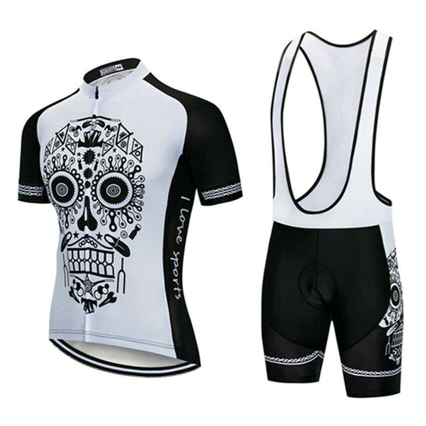 Skull Cycling Bib Set Men's Short Sleeve Cycle Jersey and Bib Shorts Padded Kit