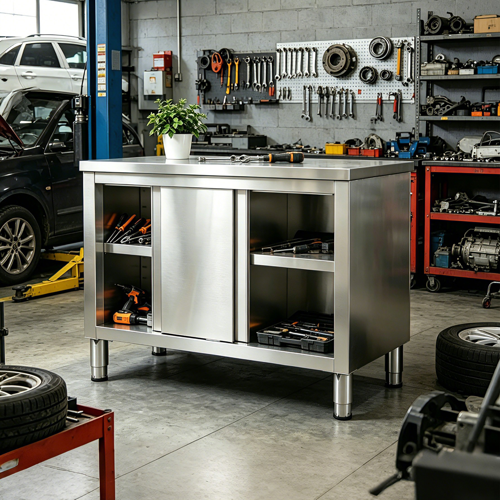 Stainless Steel Prep & Work Table with 2-Tier Cabinet & Sliding Doors for Garage - Produktbild 6