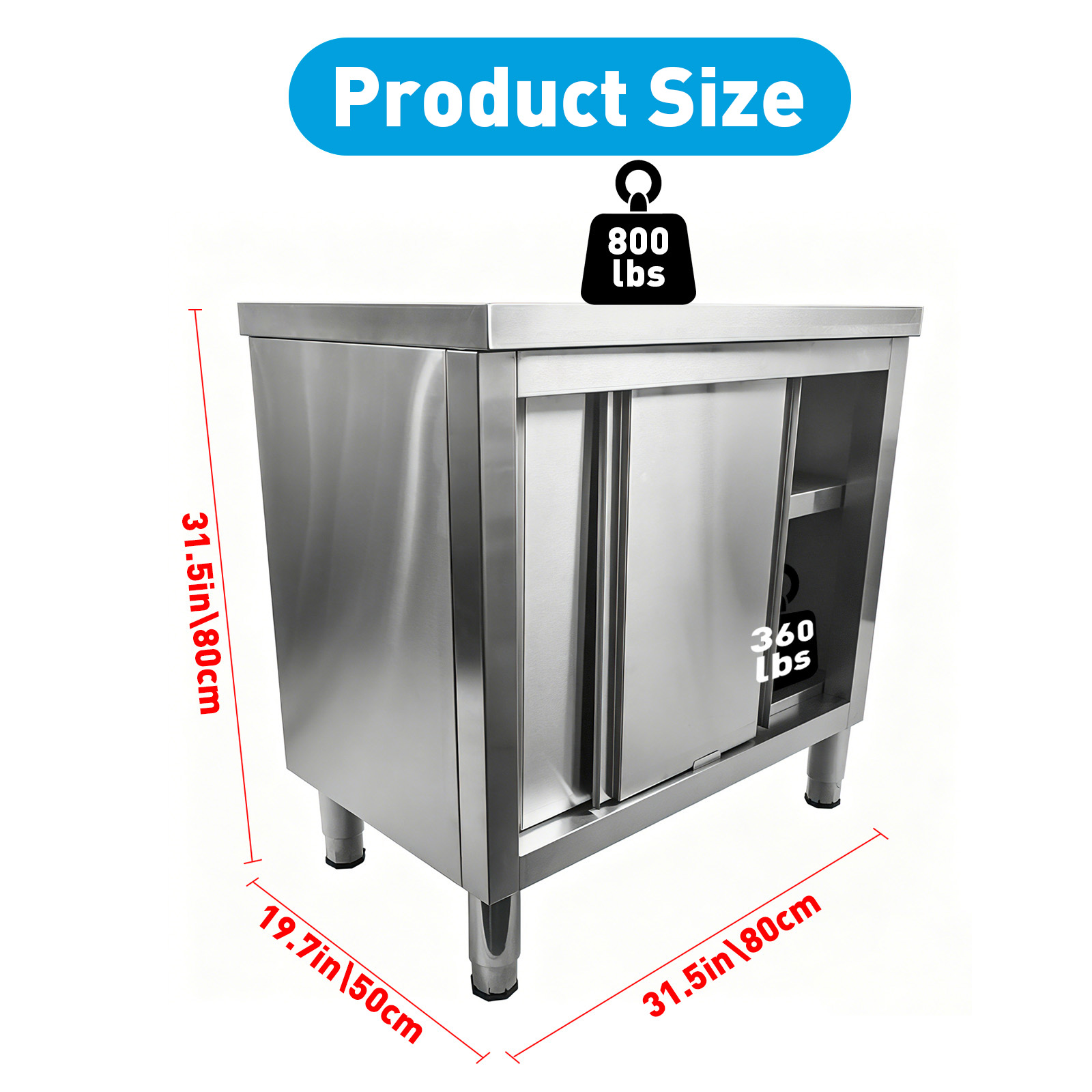 Stainless Steel Prep &amp; Work Table with 2-Tier Cabinet &amp; Sliding Doors for Garage