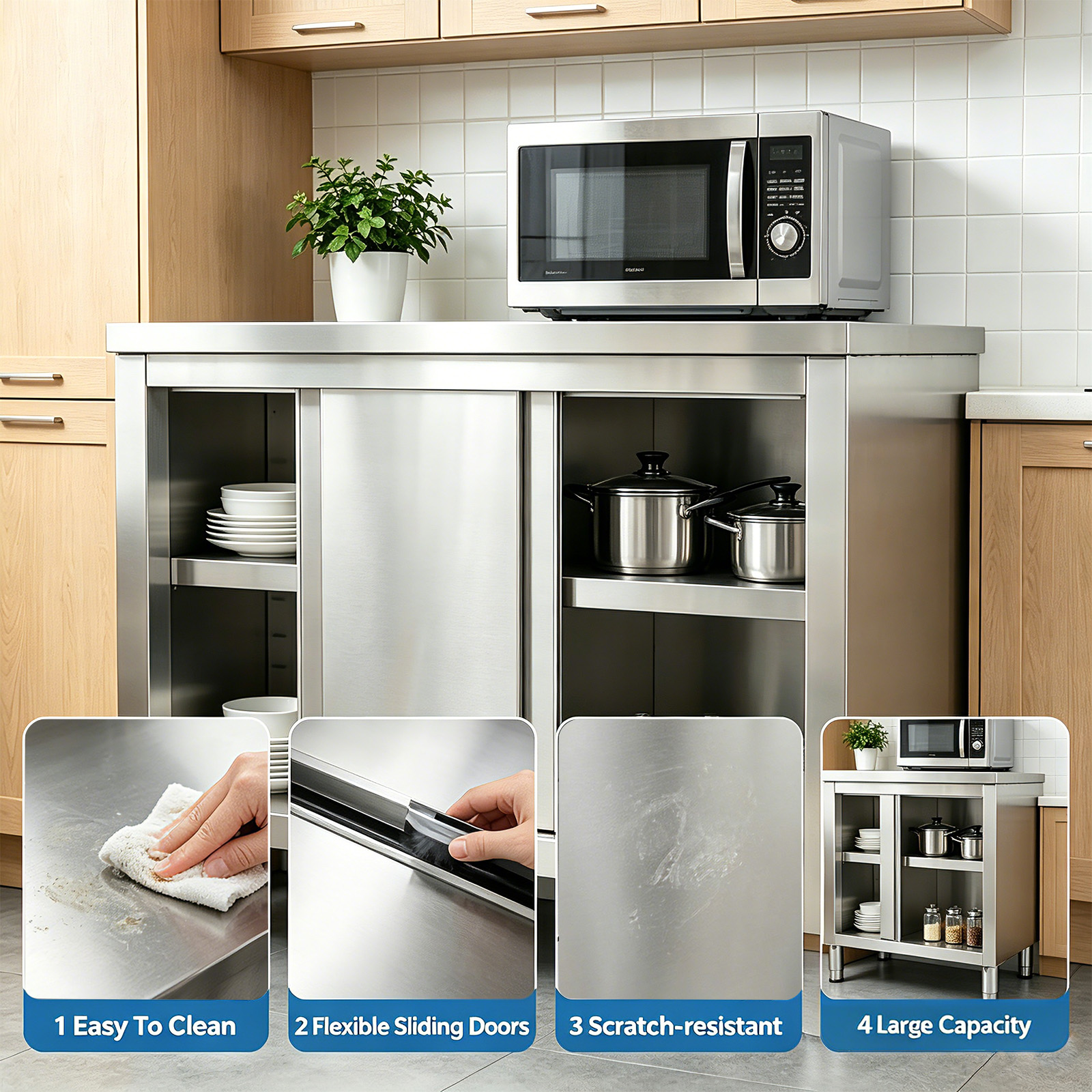 Stainless Steel Prep & Work Table with 2-Tier Cabinet & Sliding Doors for Garage - Produktbild 1