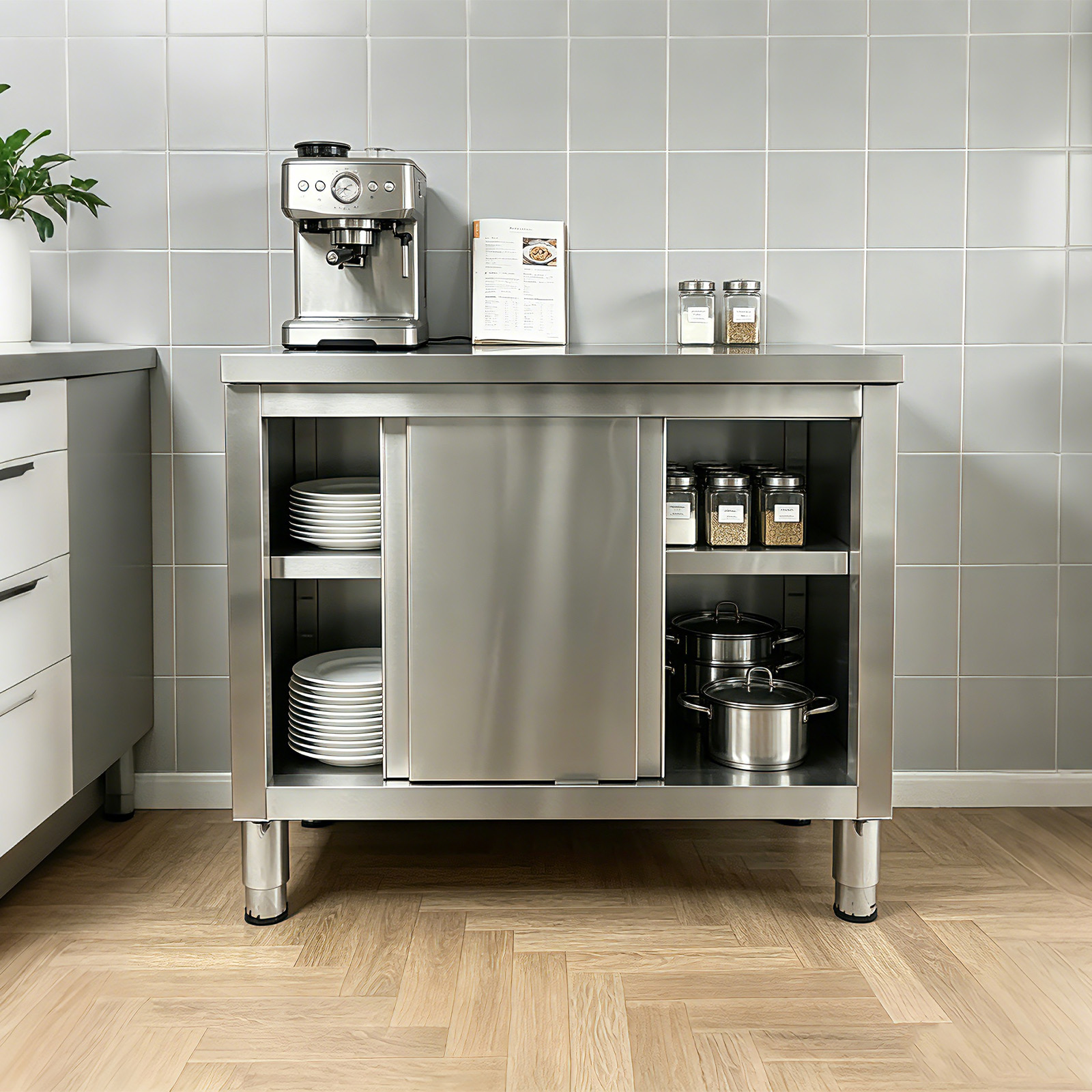 Stainless Steel Prep & Work Table with 2-Tier Cabinet & Sliding Doors for Garage - Produktbild 4