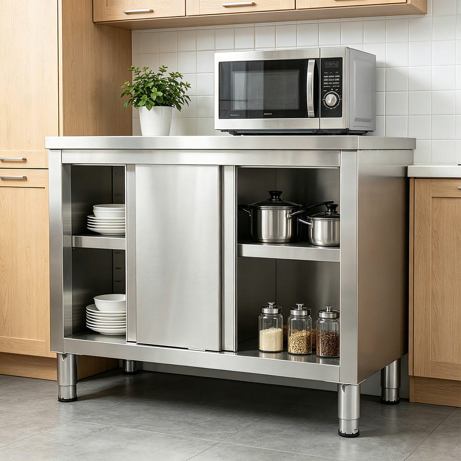 Stainless Steel Prep & Work Table with 2-Tier Cabinet & Sliding Doors for Garage - Produktbild 5
