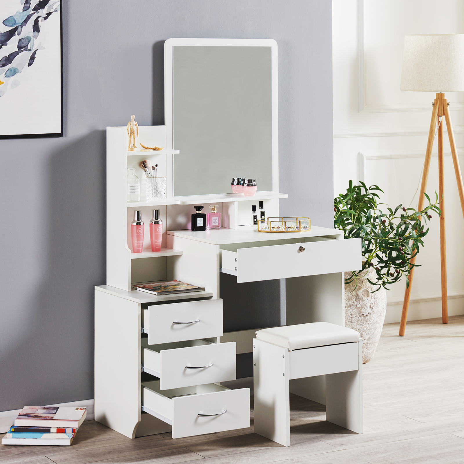 Modern Dressing Table Stool Bedroom Vanity Set Makeup Desk W