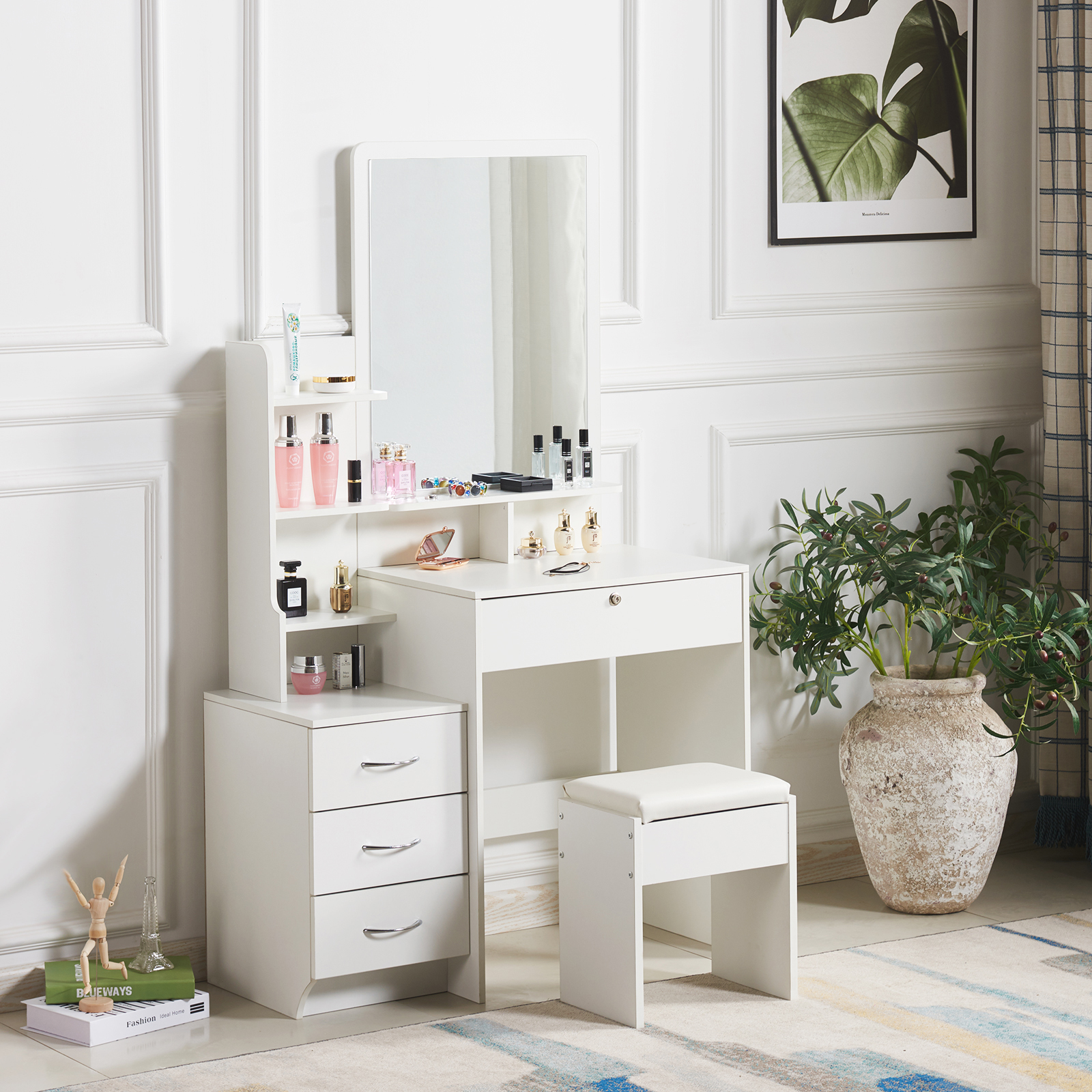 Modern White Dressing Table Jewelry Makeup Desk W Mirror Stool
