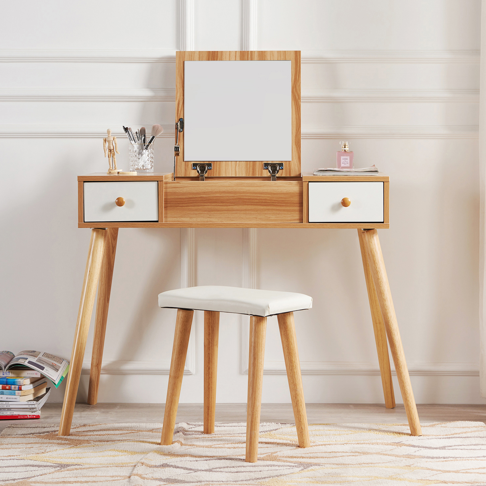 Wooden Dressing Table Makeup Desk 2 Drawers Storage, Flipup Mirror Padded Stool eBay