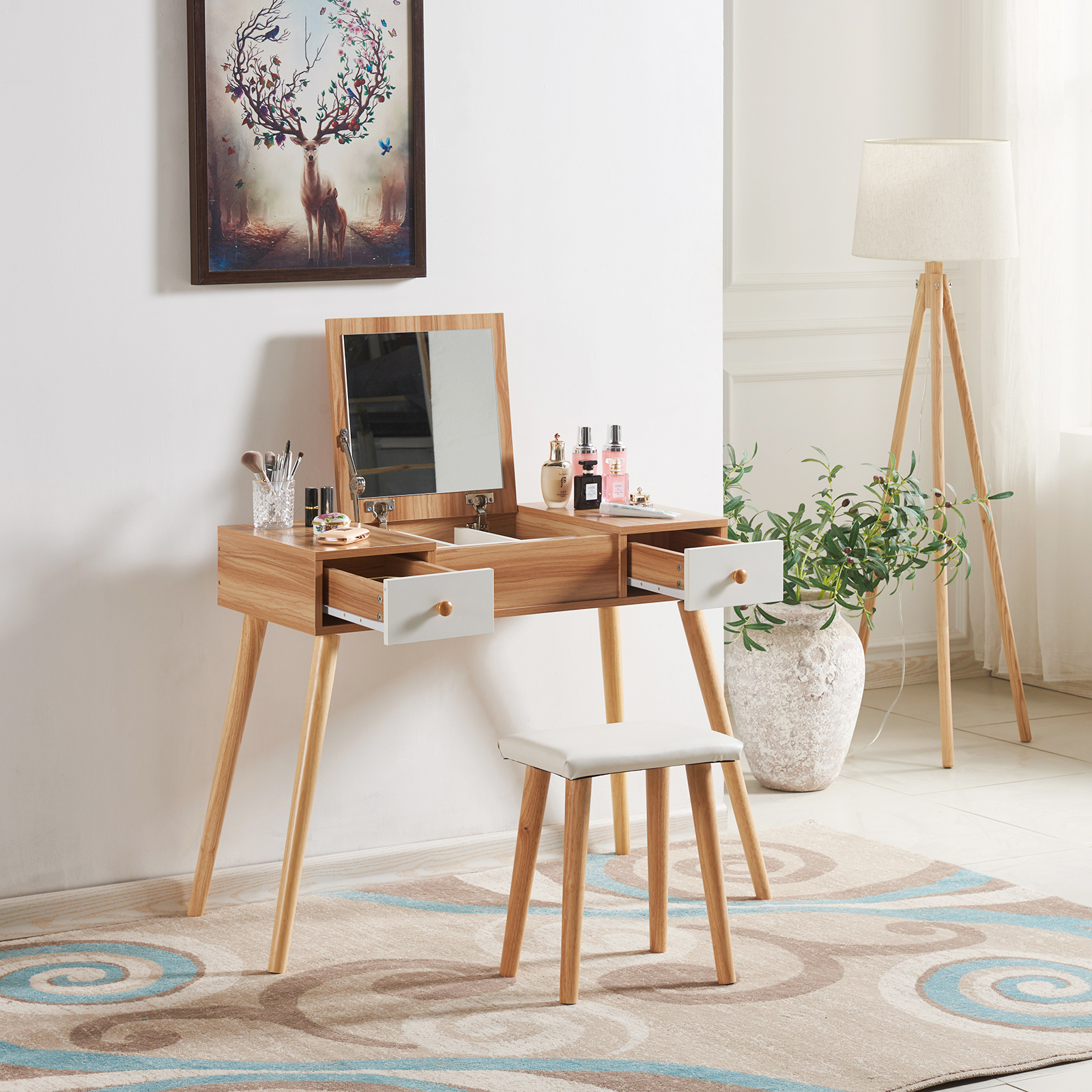 Modern Dressing Table Makeup Desk w/Flipup Mirror 2 Drawers Storage