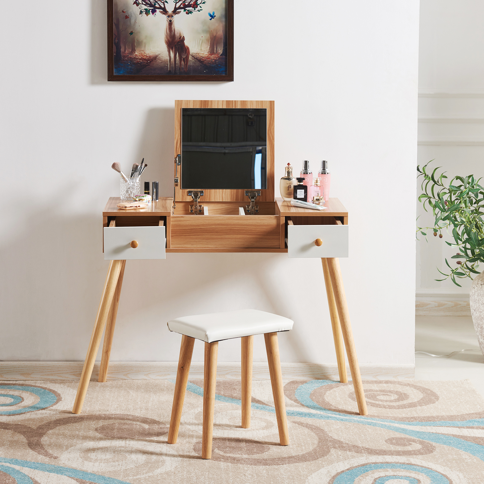 Modern Dressing Table Makeup Desk w/Flipup Mirror 2 Drawers Storage
