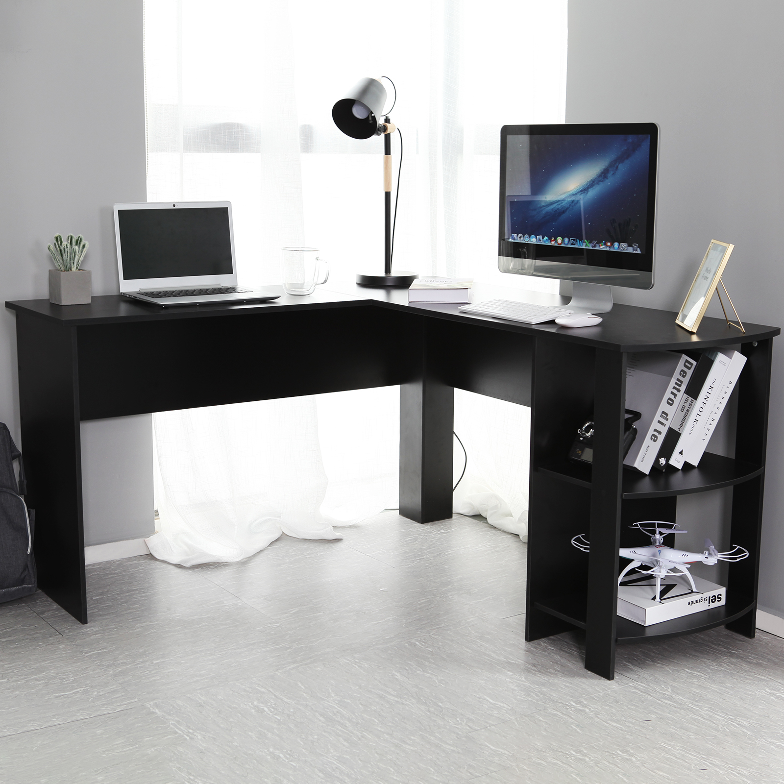 Black L Shaped Computer Desk Corner Pc Table Workstation Home