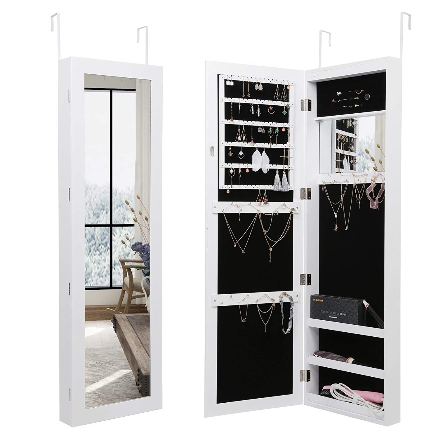 Wall Door Mounted W Led Lights Mirror Jewelry Cabinet Storage Organizer White