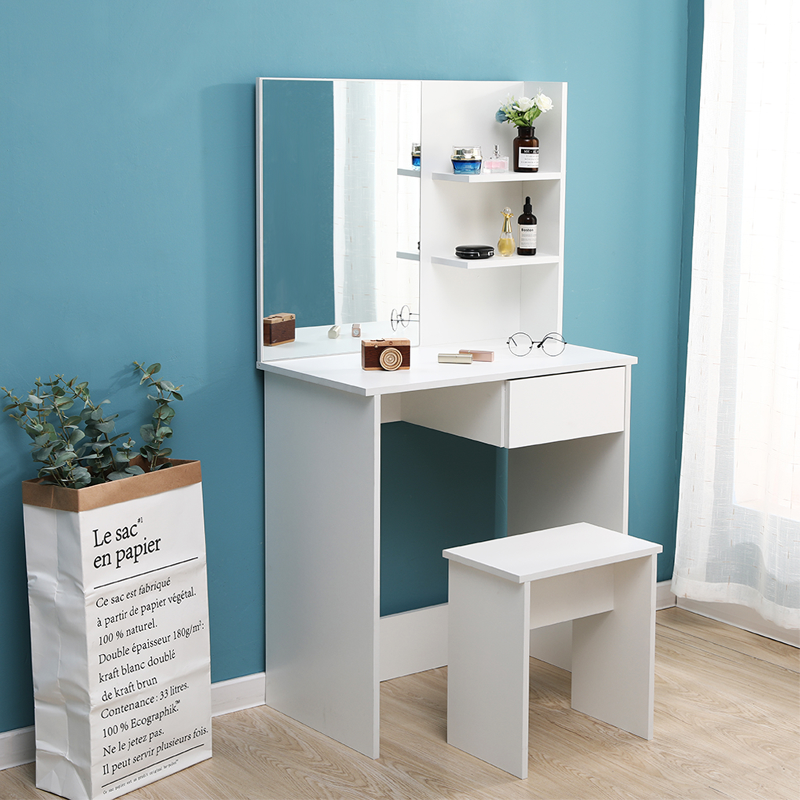 Details About Modern Corner Dressing Table Stool Bedroom Makeup Desk W Mirror Drawers White