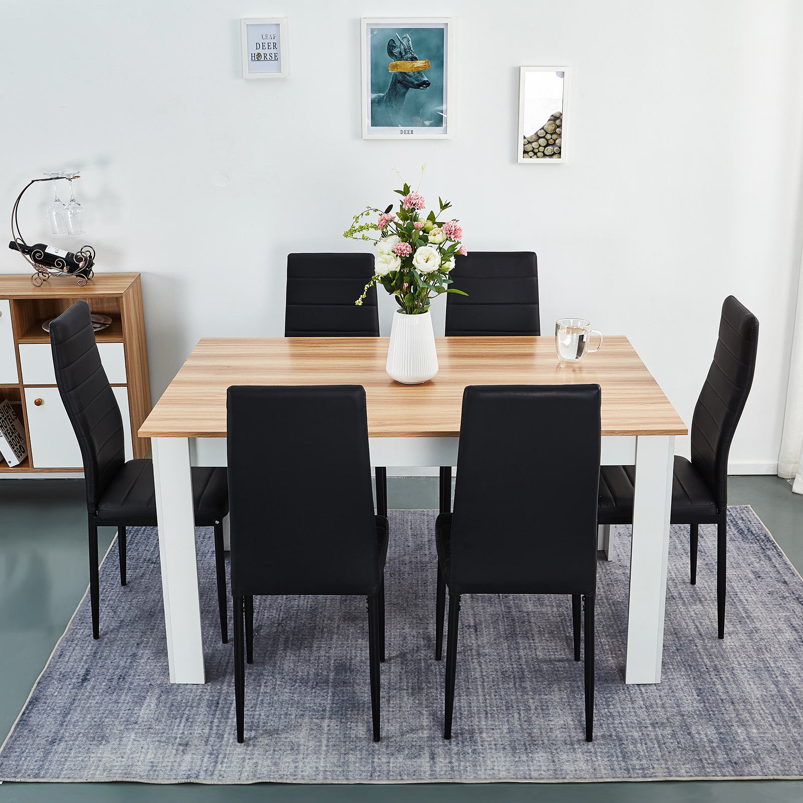 KOSY KOALA White and black wood dining Table with 6 black Faux Leather chairs high gloss wood dining set Table and 6 black chairs 