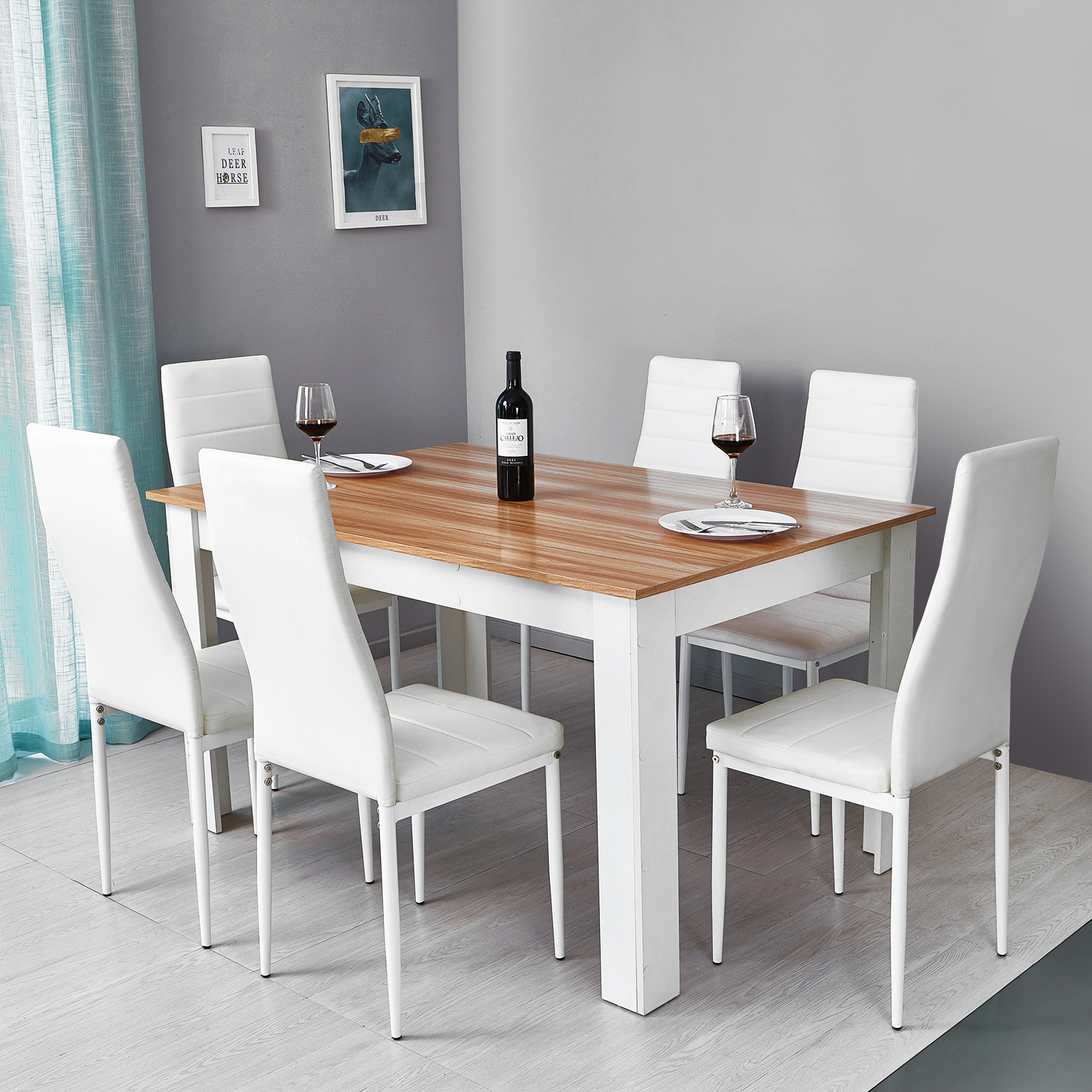 Wooden Dining Table Set W 6 Faux Leather Chairs Seat Kitchen Furniture Oakwhite 711639638617 Ebay