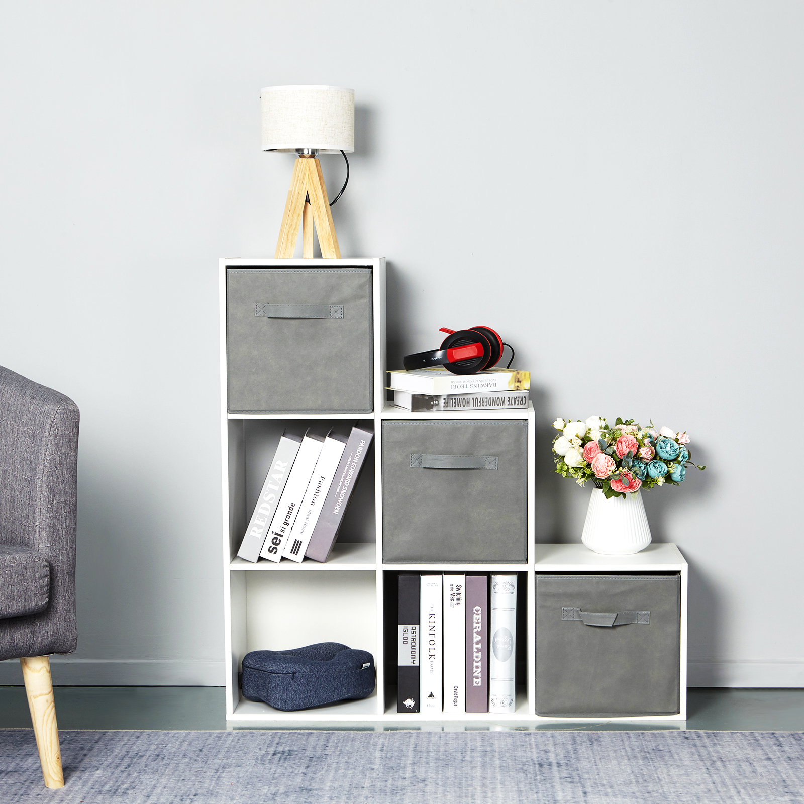 6 Cube Wooden White Bookcase Shelving Unit Display Storage Shelf w/Canvas Basket eBay