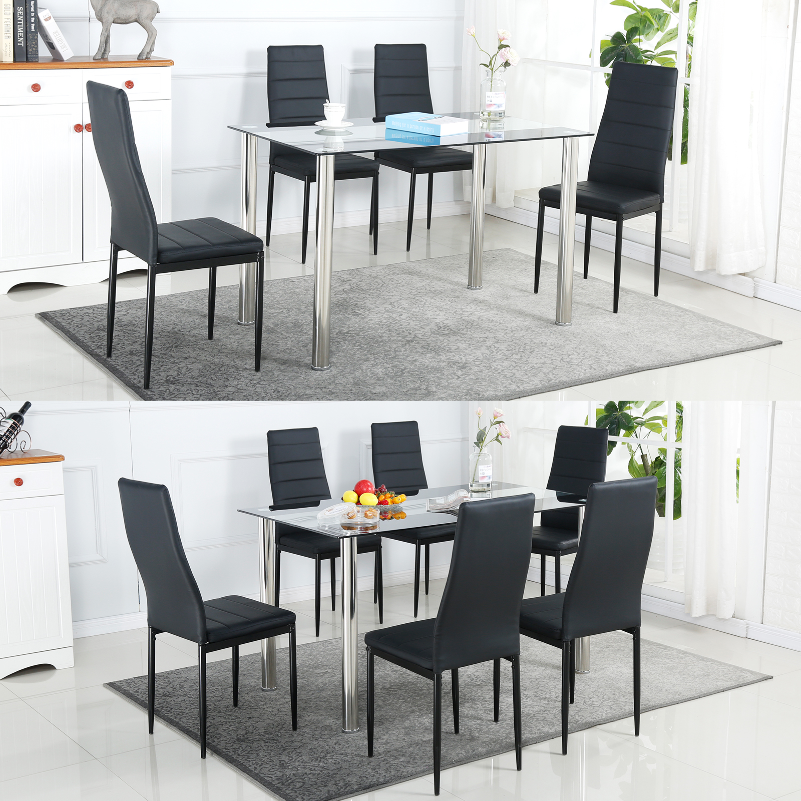 Toughened Tempered Glass Dining Table 4 6 Chairs White Kitchen Set Chrome Legs
