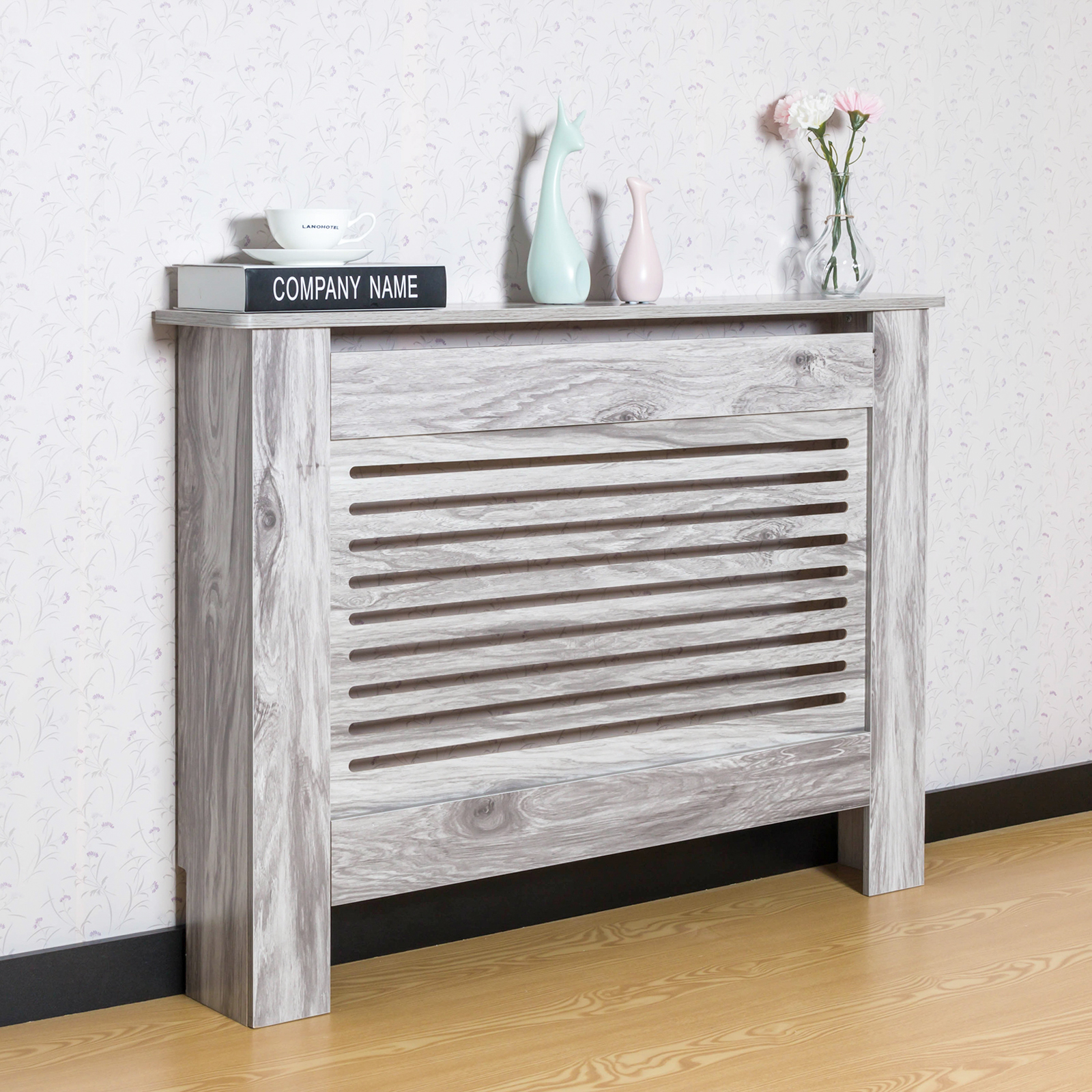 Modern Radiator Cover Wall Horizontal Slats Grey Wood MDF Grill