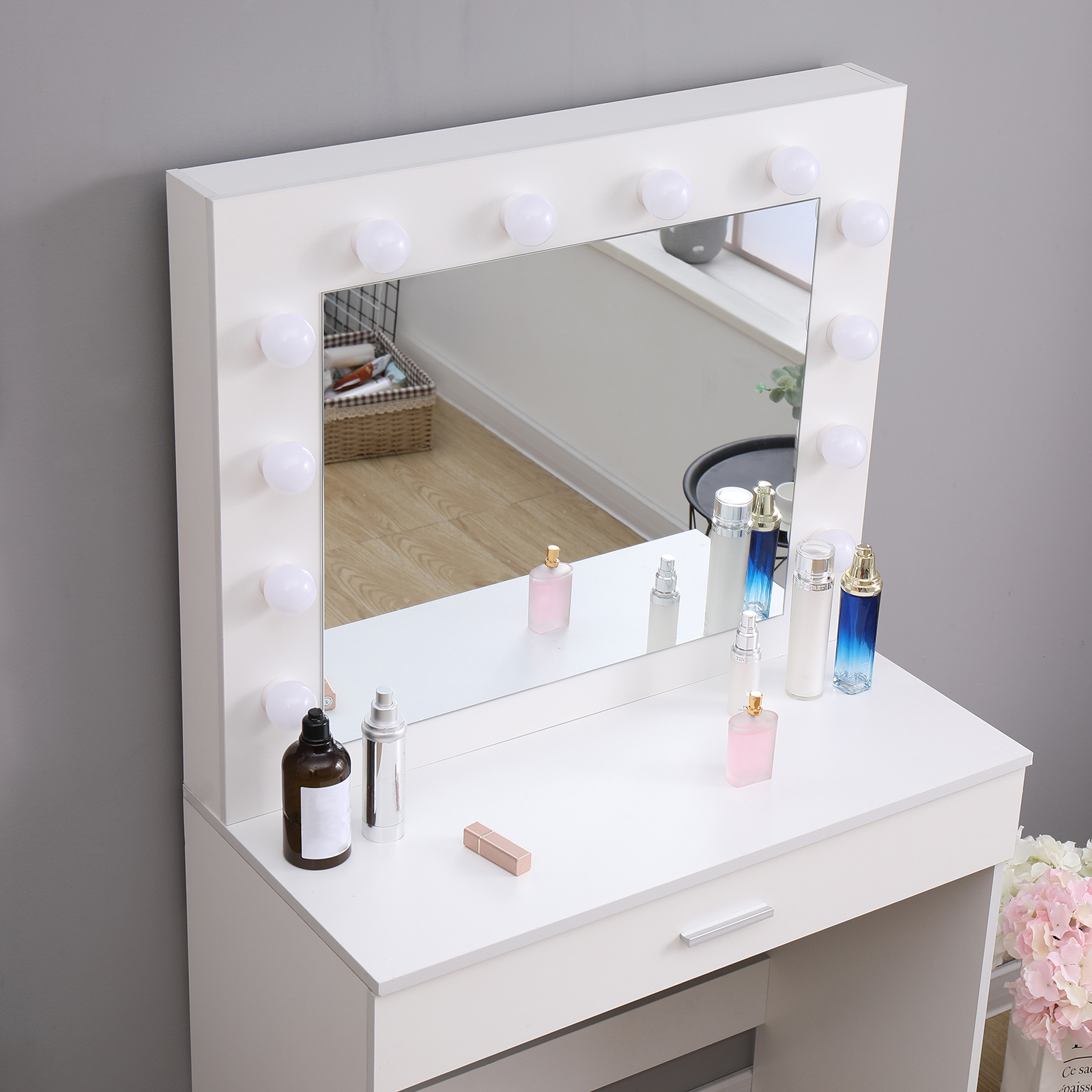 White Dressing Table Makeup Desk w/LED Lighted Mirror&Drawer,Stool