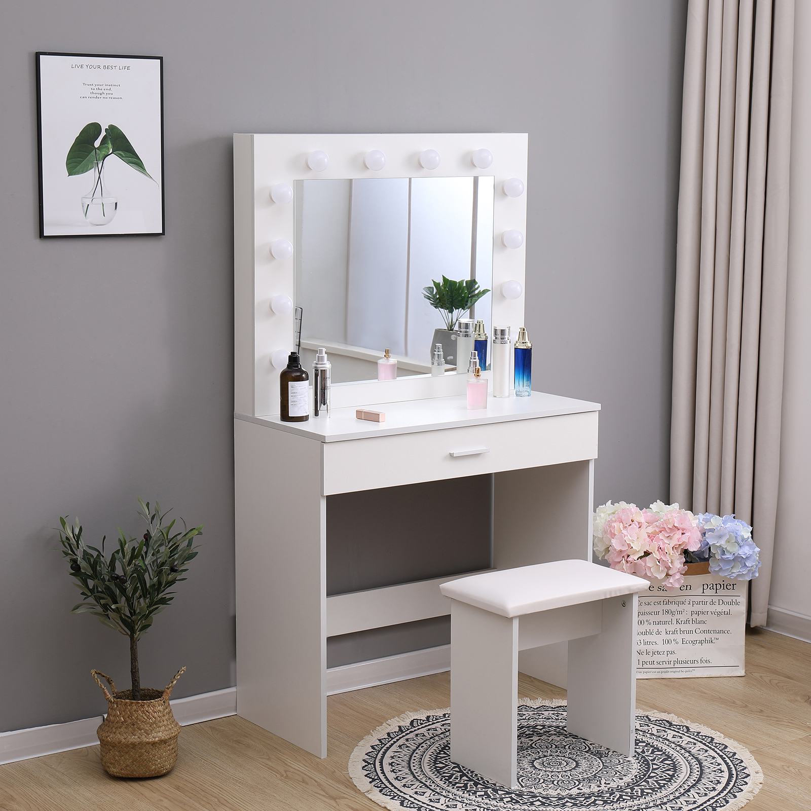 White Dressing Table Makeup Desk W Led Lighted Mirror Drawer Stool Bedroom 711639639928 Ebay