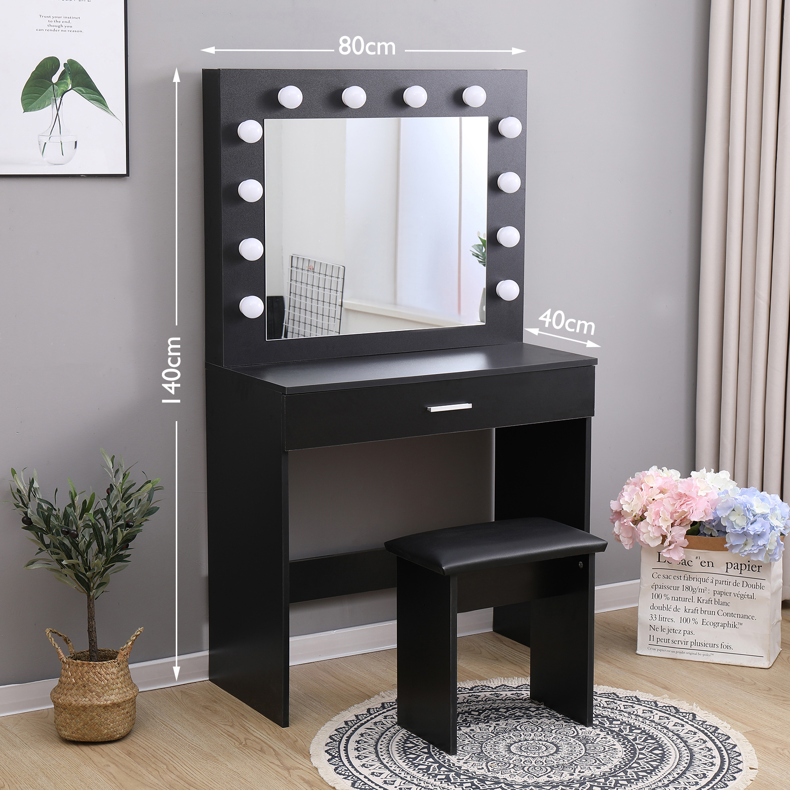 Black Dressing Table Makeup Desk W Led Lighted Mirrordrawer